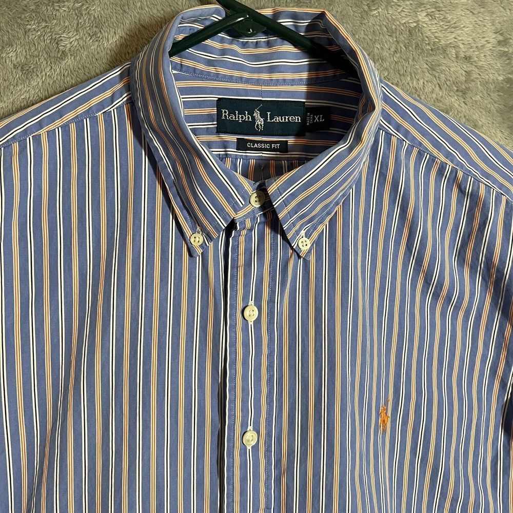 Ralph Lauren Shirt Mens‎ XL Blue Orange Striped Classic Fit SS Button Down